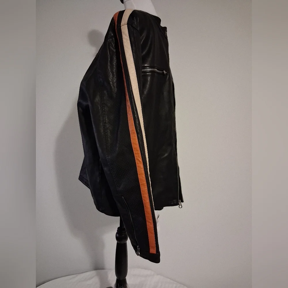 Men's Black Faux Leather Jacket with Striped Sleeves Size XL - Picture 5 of 16